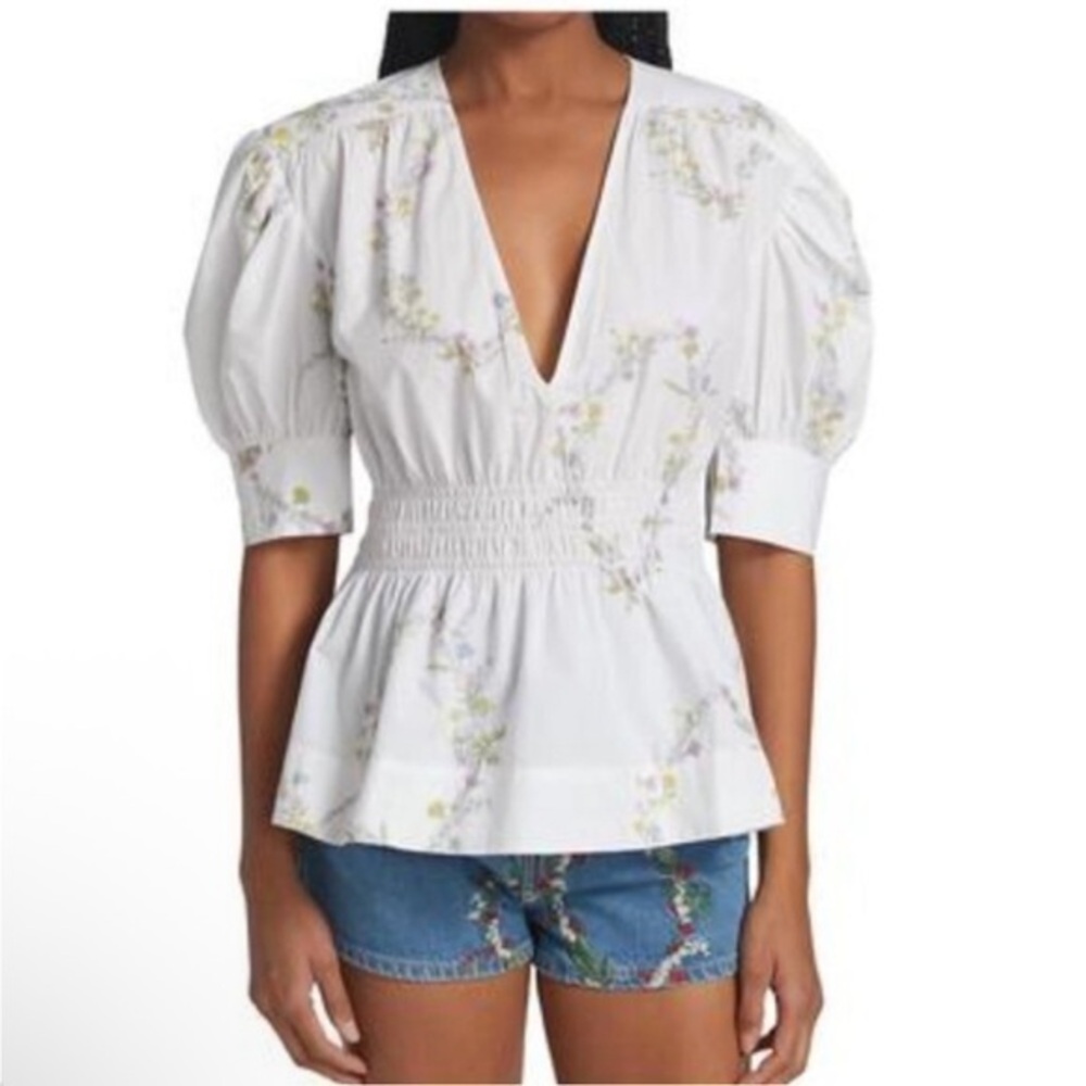 NEW GANNI printed poplin puff sleeve v-neck blouse floral bright white 44 US 14